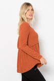 Be Stage Full Size Texture Babydoll Round Neck Long Sleeve Knit Top