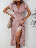 Printed Surplice Flutter Sleeve Midi Dress