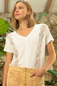 POL Inset Lace Outseam Detail Short Sleeve V-Neck T-Shirt