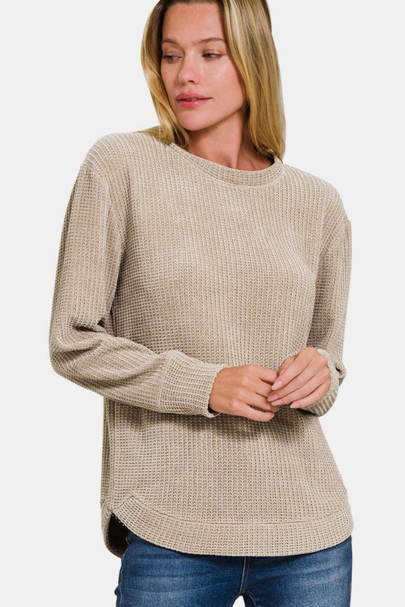 Zenana Chenille Waffle Round Neck Sweater