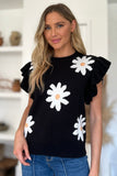 Double Take Full Size Ruffled Flower Round Neck Cap Sleeve Sweater