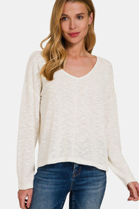 Zenana V-Neck Dropped Shoulder Long Sleeve T-Shirt