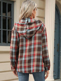 Drawstring Plaid Hooded Long Sleeve Top