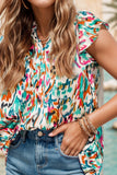 Ruffled Printed Notched Cap Sleeve Blouse