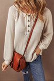 Waffle-Knit Half Button Round Neck Long Sleeve Top