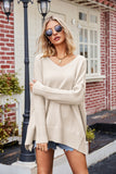 Slit V-Neck Dropped Shoulder Sweater