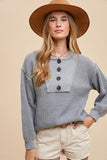 Annie Wear Half Button Ribbed Hem Sweater