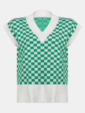 Full Size Checkered V-Neck Cap Sleeve Sweater