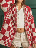 Checkered Open Front Long Sleeve Cardigan