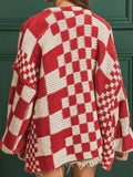 Checkered Open Front Long Sleeve Cardigan