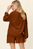 Double Take Full Size Texture V-Neck Long Sleeve T-Shirt and Shorts Set