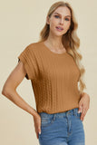 Double Take Full Size Cable-Knit Round Neck Short Sleeve Sweater