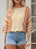 Striped Boat Neck Three-Quarter Sleeve Knit Top