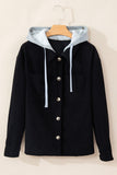 Drawstring Button Up Long Sleeve Hooded Jacket