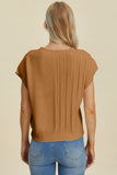 Double Take Full Size Cable-Knit Round Neck Short Sleeve Sweater