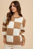 Annie Wear Checkered Round Neck Dropped Shoulder Sweater