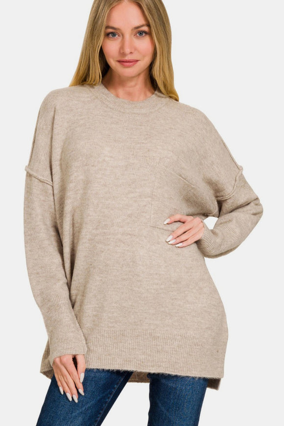 Zenana High-Low Hem Drop Shoulder Sweater