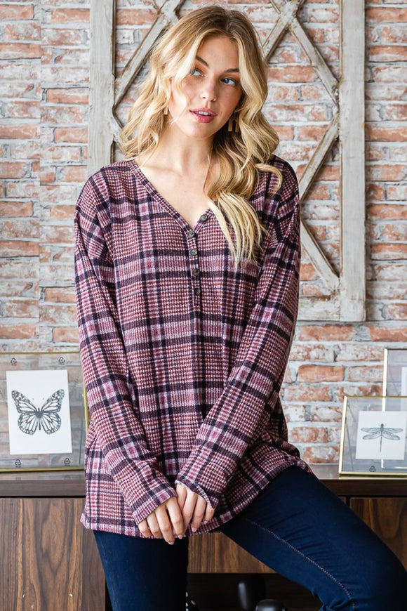 Heimish Full Size Plaid V-Neck Long Sleeve Top