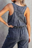 Pocketed Half Button Sleeveless Denim Jumpsuit