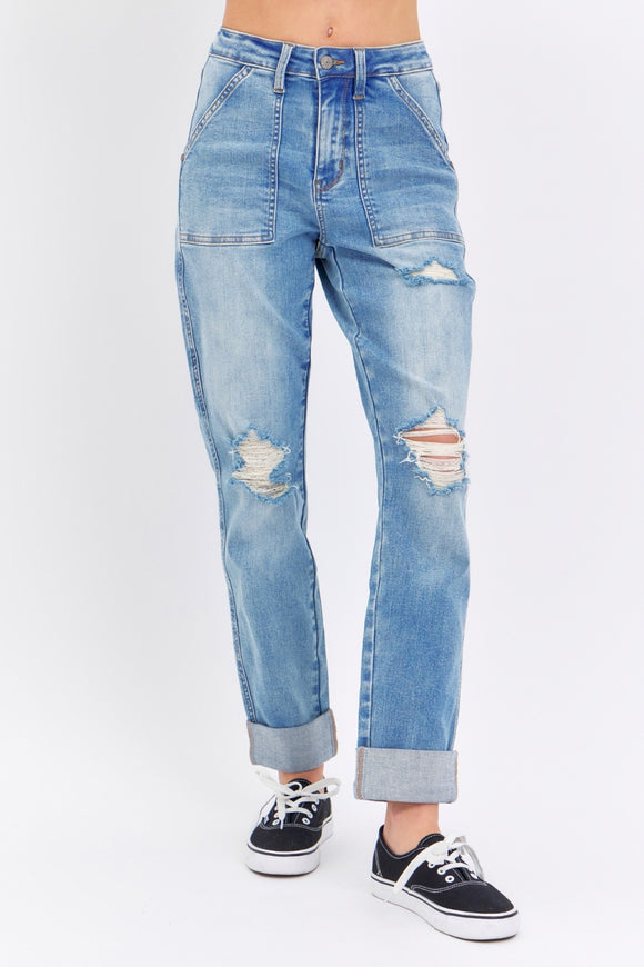 Judy Blue Full Size Distressed Straight Jeans with Patch Pockets