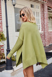 Slit V-Neck Dropped Shoulder Sweater