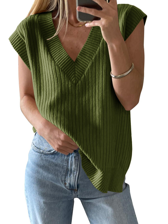 V-Neck Cap Sleeve Knit Vest