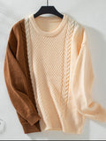 Two Tone Cable Knit Round Neck Long Sleeve Sweater