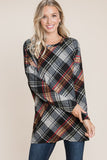 BOMBOM Plaid Round Neck Long Sleeve Knit Top