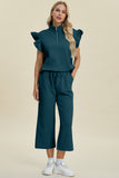 Double Take Full Size Texture Ruffle Short Sleeve Top and Wide Leg Pants Set