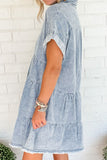 Raw Hem Notched Short Sleeve Denim Dress