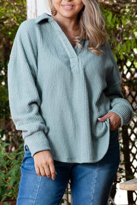 Plus Size Textured Johnny Collar Long Sleeve Sweatshirt