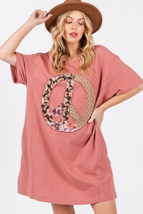 SAGE + FIG Full Size Peace Sign Applique Short Sleeve Tee Dress