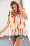 Vertical Stripe Tie Bow Bubble Crepe Top (dropship)