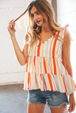 Vertical Stripe Tie Bow Bubble Crepe Top (dropship)