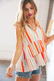 Vertical Stripe Tie Bow Bubble Crepe Top (dropship)