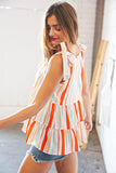 Vertical Stripe Tie Bow Bubble Crepe Top (dropship)