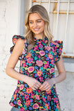 Multicolor Floral Print Ruffle Back Keyhole Top (dropship)
