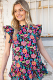 Multicolor Floral Print Ruffle Back Keyhole Top (dropship)