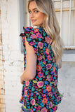 Multicolor Floral Print Ruffle Back Keyhole Top (dropship)