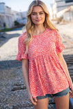 Coral Ditzy Floral Babydoll Short Ruffle Sleeve Top (dropship)