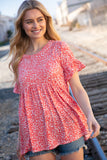 Coral Ditzy Floral Babydoll Short Ruffle Sleeve Top (dropship)