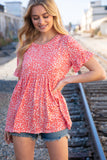 Coral Ditzy Floral Babydoll Short Ruffle Sleeve Top (dropship)