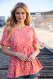 Coral Ditzy Floral Babydoll Short Ruffle Sleeve Top (dropship)