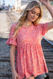 Coral Ditzy Floral Babydoll Short Ruffle Sleeve Top (dropship)