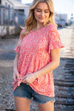 Coral Ditzy Floral Babydoll Short Ruffle Sleeve Top (dropship)