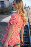 Coral Ditzy Floral Babydoll Short Ruffle Sleeve Top (dropship)