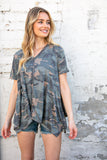 Camo Shark Bite Handkerchief Hem Knit Top (dropship)