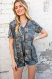 Camo Shark Bite Handkerchief Hem Knit Top (dropship)