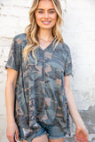 Camo Shark Bite Handkerchief Hem Knit Top (dropship)