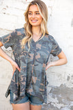 Camo Shark Bite Handkerchief Hem Knit Top (dropship)